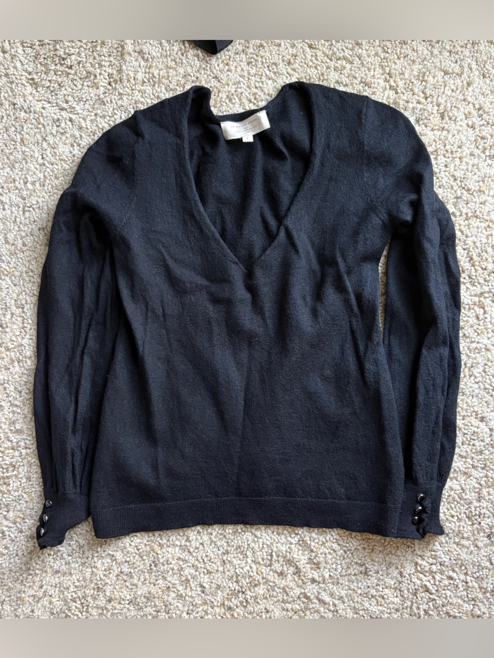 Sezane Merino Wool Black V-Neck Button Cuff Sweater